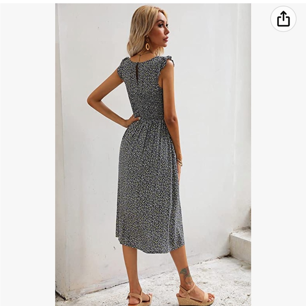 Summer Dress Round Neck Short Sleeve A Line Ruffle Sleeve Smocked Midi Floral